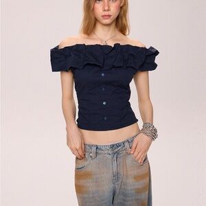 Mokacake Off-Shoulder Ruffle Navy Top